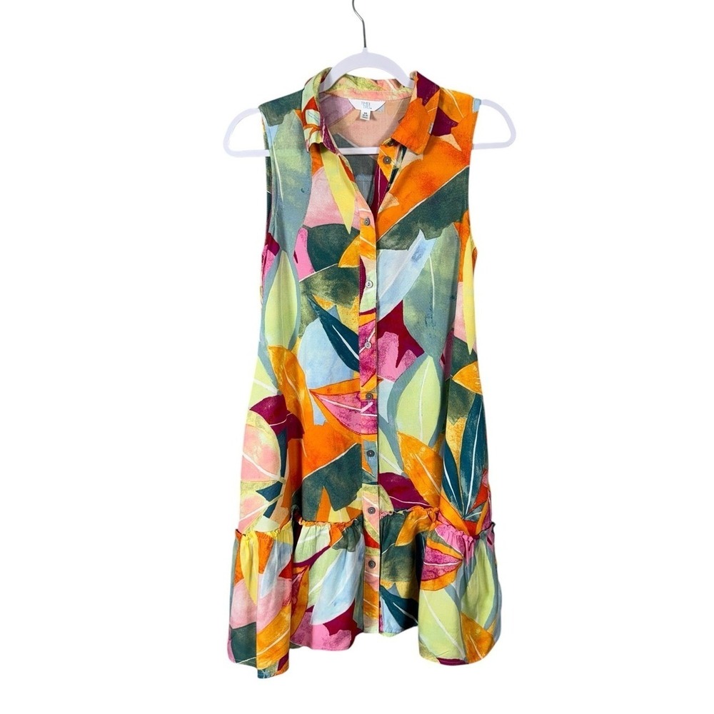 Womens Sleeveless Floral Tiered Dress XS Beach Tropical Resort Vacation Pockets